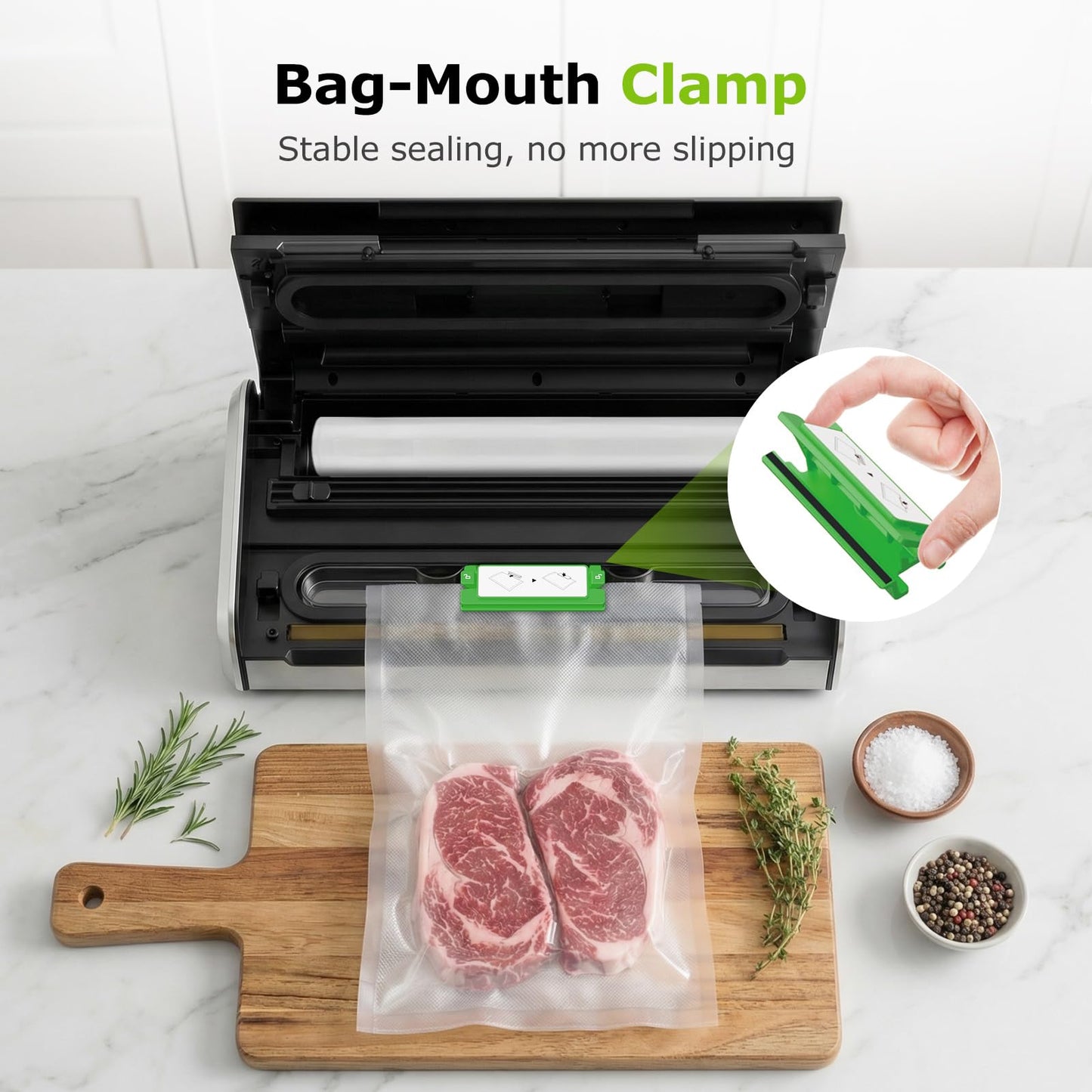 Bonsenkitchen Vacuum Sealer for Food, One-Hand Operation Food Vacuum Sealer Machine with Digital Timer, 0.2-inch wider seal, Built-in Cutter and Bag Storage for Meal Prep, 1 Roll Bag & 10 Pre-Cut Bags