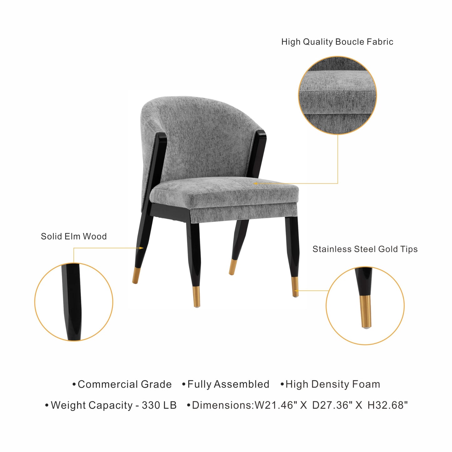 Manhattan Comfort Ola Modern Boucle Dining Chairs with High Density Foam Padding, Unique Wood Frame with Metal Gold Tips, Fully Assembled Kitchen Armchairs, Set of 2, Grey