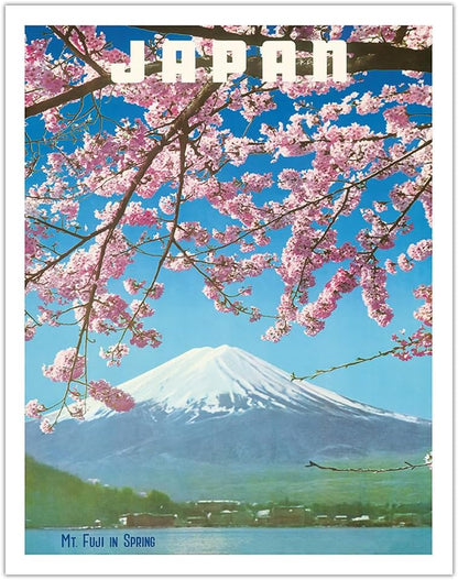 Japan - Mount Fuji in Spring - Vintage Travel Poster c.1960s - Cherry Tree Blossoms Fine Art Print (Unframed) 11x14in