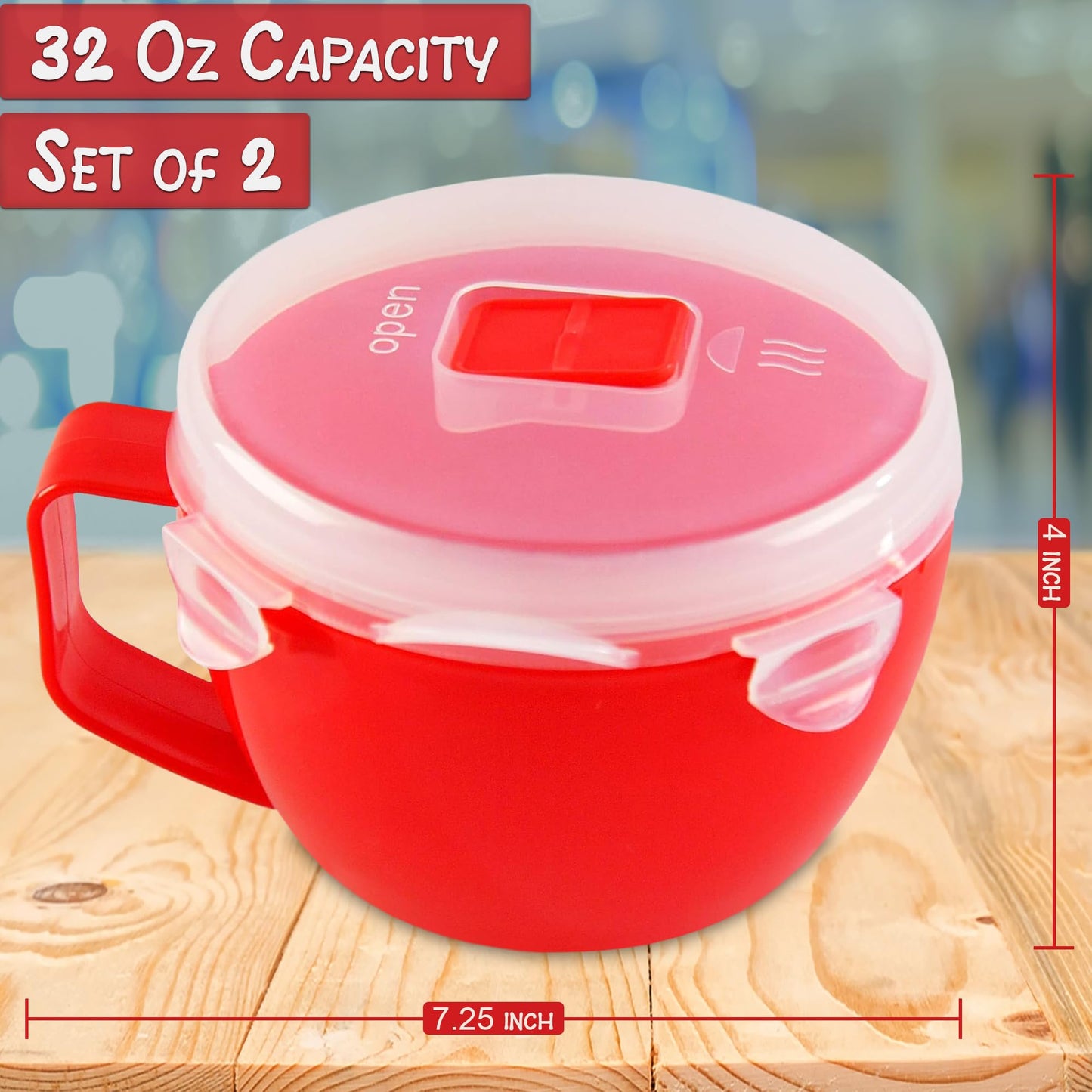 Home-X Set of 2 Microwave Bowls with Lid - Ramen Bowl Microwavable with Steam Release Vents and Easy Locking Clips - BPA-Free, Dishwasher Safe 32oz Soup Mugs with Handle Microwave Safe