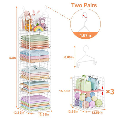 Yuyetuyo 6 Tier Raised-Height Hanging Closet Organizer, Stackable Sweater Organizer for Closet, Wire Storage Basket Bins for Clothes Purse Shoes, Hanging Shelves with 4 Hooks & 3 Dividers Adjustable