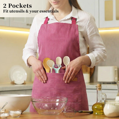 ARBINSON 2 Pack Cooking Aprons Adjustable Bib Apron for Women with 2 Pockets, Kitchen Restaurant Men Chefs Aprons (Black/Wine Stripes)