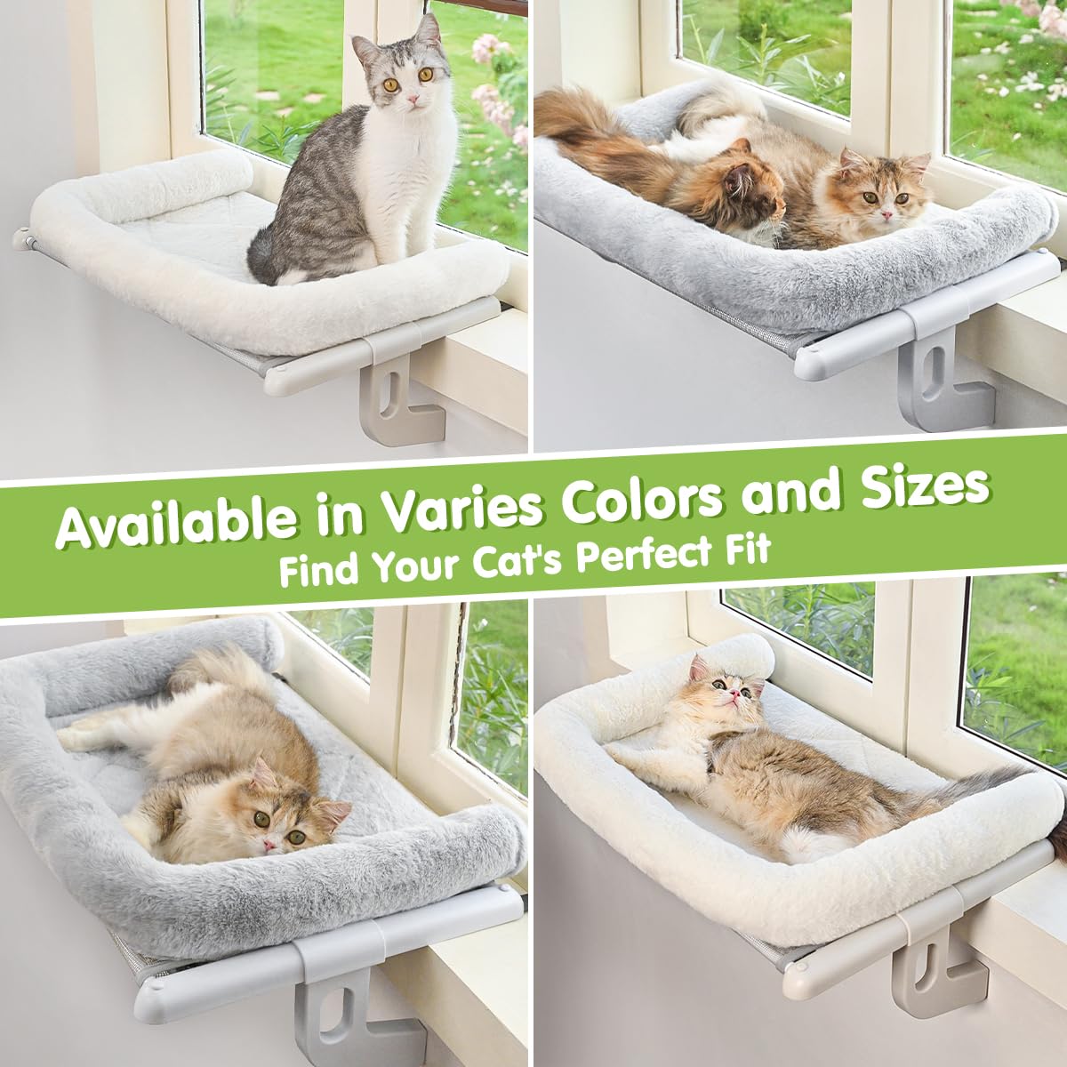 Zoratoo Cat Window Sill Perch with Large Bolster, Easy to Adjust & Assemble Cat Window Seat for Windowsill & Bedside, Pet Hammock Bed for Large Cats and Kittens (Grey, L)