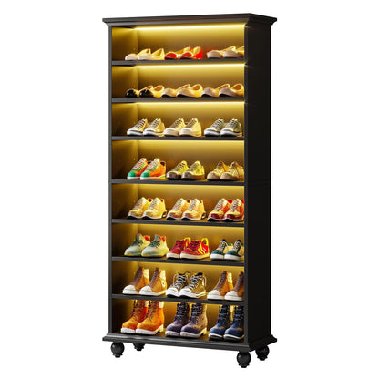 Tribesigns Narrow Tall Shoe Cabinet with LED Lighting, 9-Tier 30 Pairs Freestanding Shoes Storage Cabinet, Wood Shoe Organizer Cabinet with Solid Wooden Legs for Entryway (2, Black)