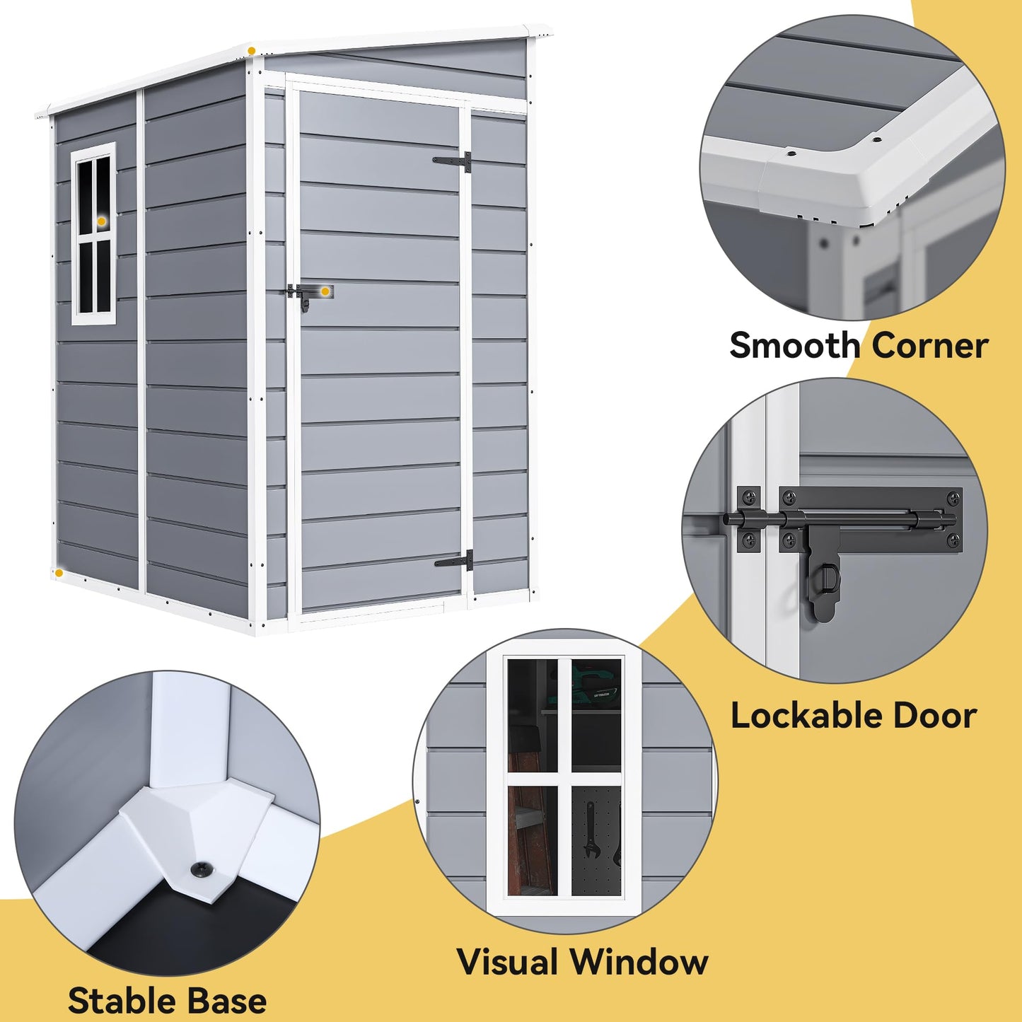 DWVO 5x4ft Resin Outdoor Storage Shed with Floor, Large Waterproof Lockable Storage Shed with Window, Plastic Outside Tool Storage for Garden Backyard Patio Lawn (Gray)