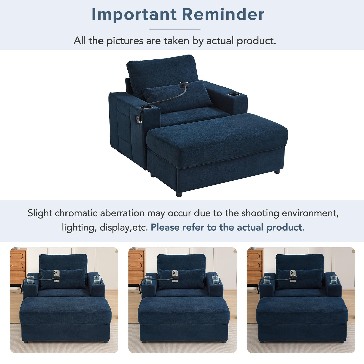 Merax Modern Oversized Chaise Longue Chair with Movable Storage Ottoman, 2 USB Ports, 2 Cup Holders, a Phone Holder, Side Pockets, 42.5" Reclining Chair for Living Room, Bedroom, Blue