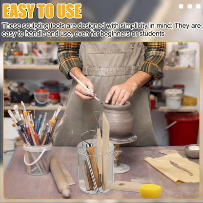 Leriton 40 Pcs Pottery Clay Tools Kit Sculpting Clay Tool Includes Cutting Modeling Trimming with Wooden Handles Carving Kit for Beginners Carving Shaping