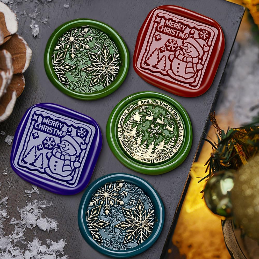 3D Vintage Christmas Wax Seal Stamp Kit - Snowflake Snowman Xmas Tree Elk Designs with 3 Copper Brass Heads and 1 Wooden Handle for Envelope & Gift Wraps