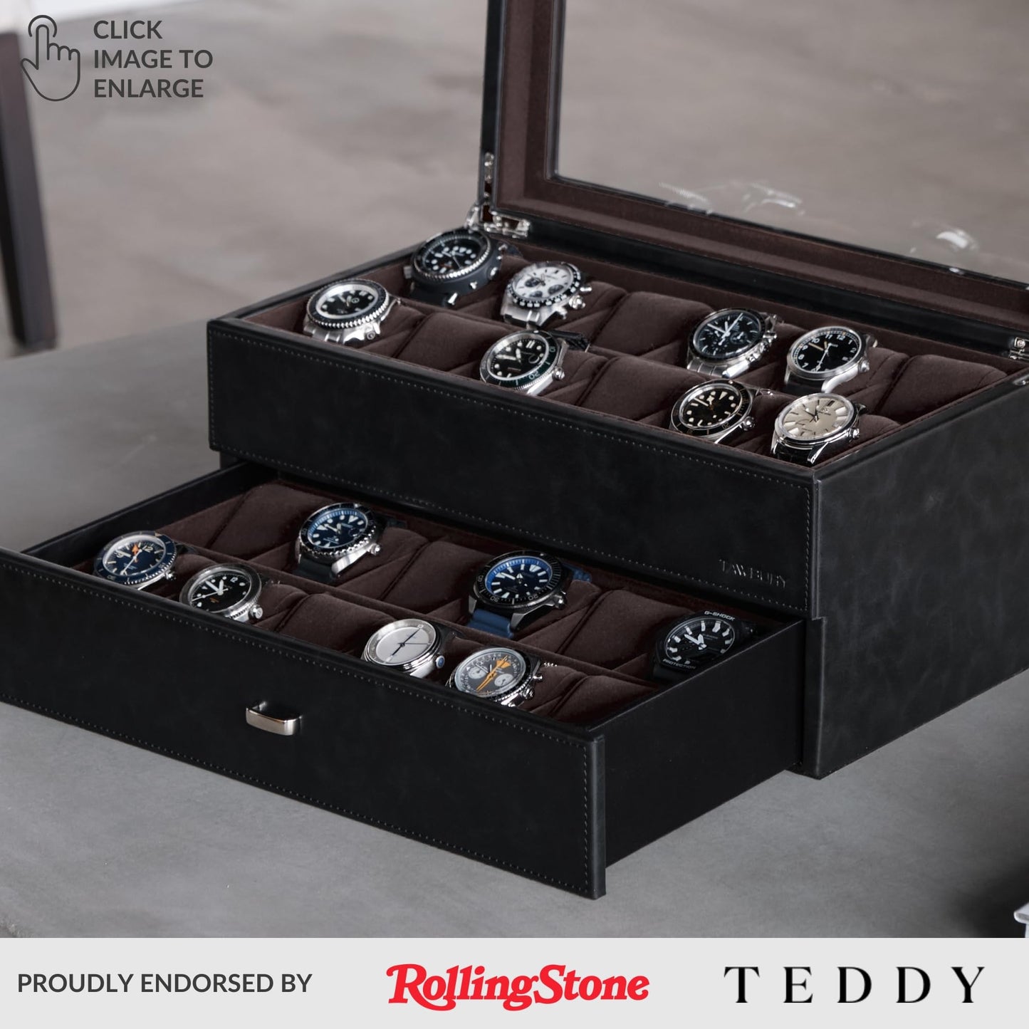 TAWBURY Watch Box for Men - Extra Large 24 Slot Watch Case with Real Glass Display, Removable Drawer and 2-inch Wide Pillows for Large Watches (Black/Charcoal)