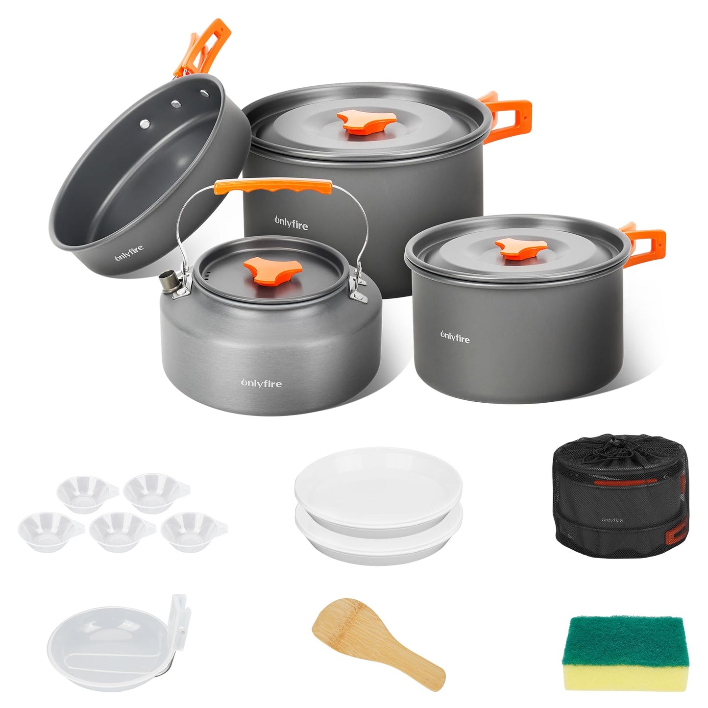 ONLYFIRE OUTDOOR LIVING14pcs Camping Cookware Set, Lightweight Nonstick Pots, Pan, Kettle, Utensils, Bowls, and Cleaning Tool with Mesh Bag for Camping Hiking Backpacking RV Tailgating Cooking, CT604