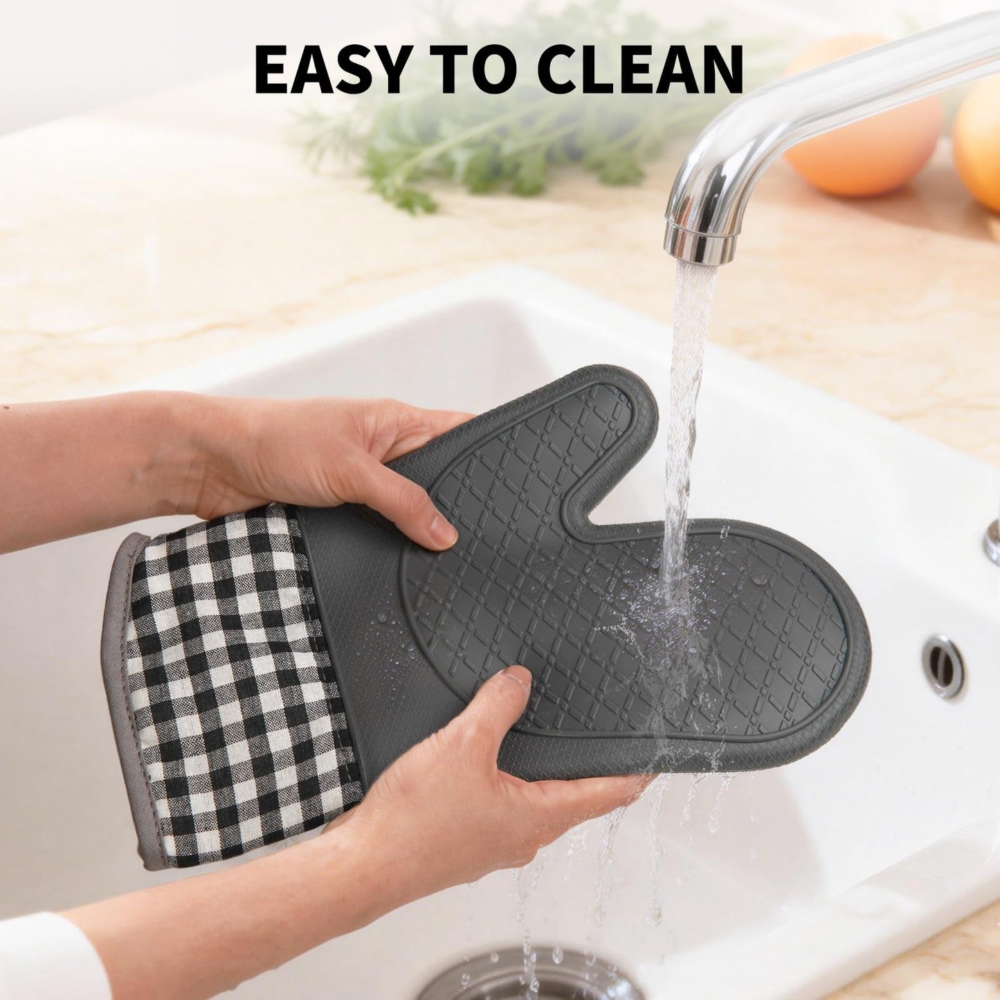 Tifanso Plaid Oven Mitts and Pot Holders 4-Piece Set, Oven Mitts Gloves Heat Resistant with Non-Slip Silicone Surface for Cooking Baking Grilling, Cotton Pot Holders Pads for Kitchen Cooking (Grey)
