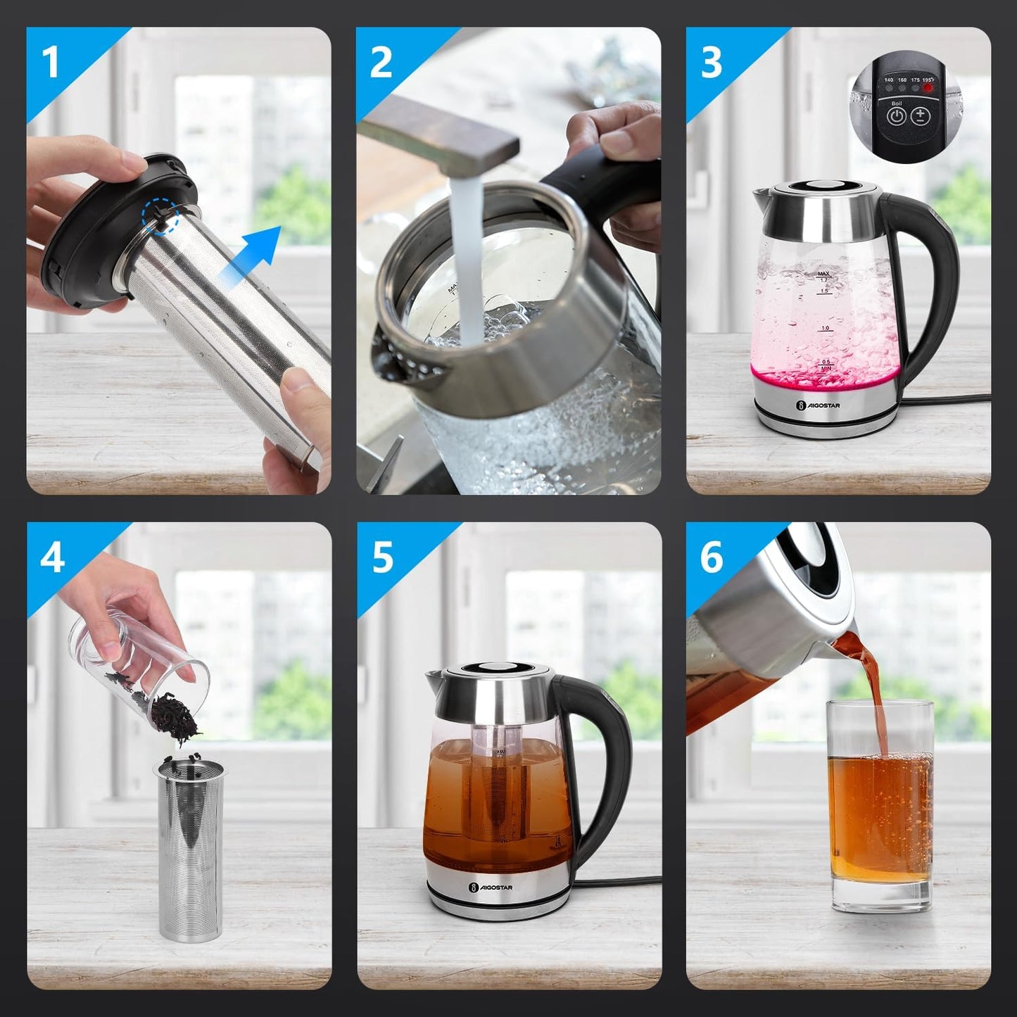 1500W 1.7L Aigostar Electric Kettle, Tea Kettle with Temperature Control and Tea Infuser, Hot Water Kettle
