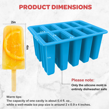 Miaowoof Homemade Popsicle Molds, 10-Cav Non-BPA Silicone Ice Pop Maker, with 50 Sticks, 50 Bags, 10 Reusable Sticks, Funnel, Brush and Ice Pop Recipe (Blue+Bin)