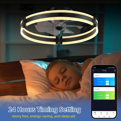 BAYSQUIRREL Ceiling Fans with Lights and Remote, Dimmable Bladeless Ceiling Light, 3 Colors 6 Speeds Reversible, Modern Low Profile Flush Mount Ceiling Fan for Bedroom