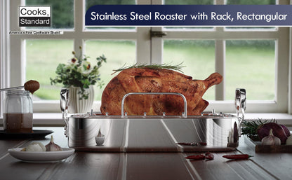 Cooks Standard Stainless Steel Roaster Pan with V-Shaped Rack, Inner 14-Inch x 11-Inch; Edge 15-Inch x 12-Inch; Turkey Roasting Pan Bakeware for Oven, Rectangular