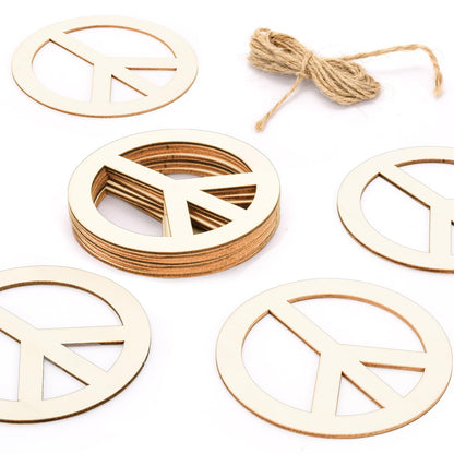 YOUEON 50 Pcs Unfinished Wood Peace Sign with Jute Rope, 4 Inch Round Wooden Pieces Hanging Ornaments, Cutout Blank Wood Slices for Party, DIY, Crafts
