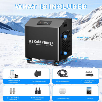 AS ColdPlunge 1HP Ice Bath Water Chiller for Cold Plunge, High-Power Cold Plunge Chiller with External Pump & Filtration System, 110V Professional Ice Bath Cooling System for Cold Therapy Recovery
