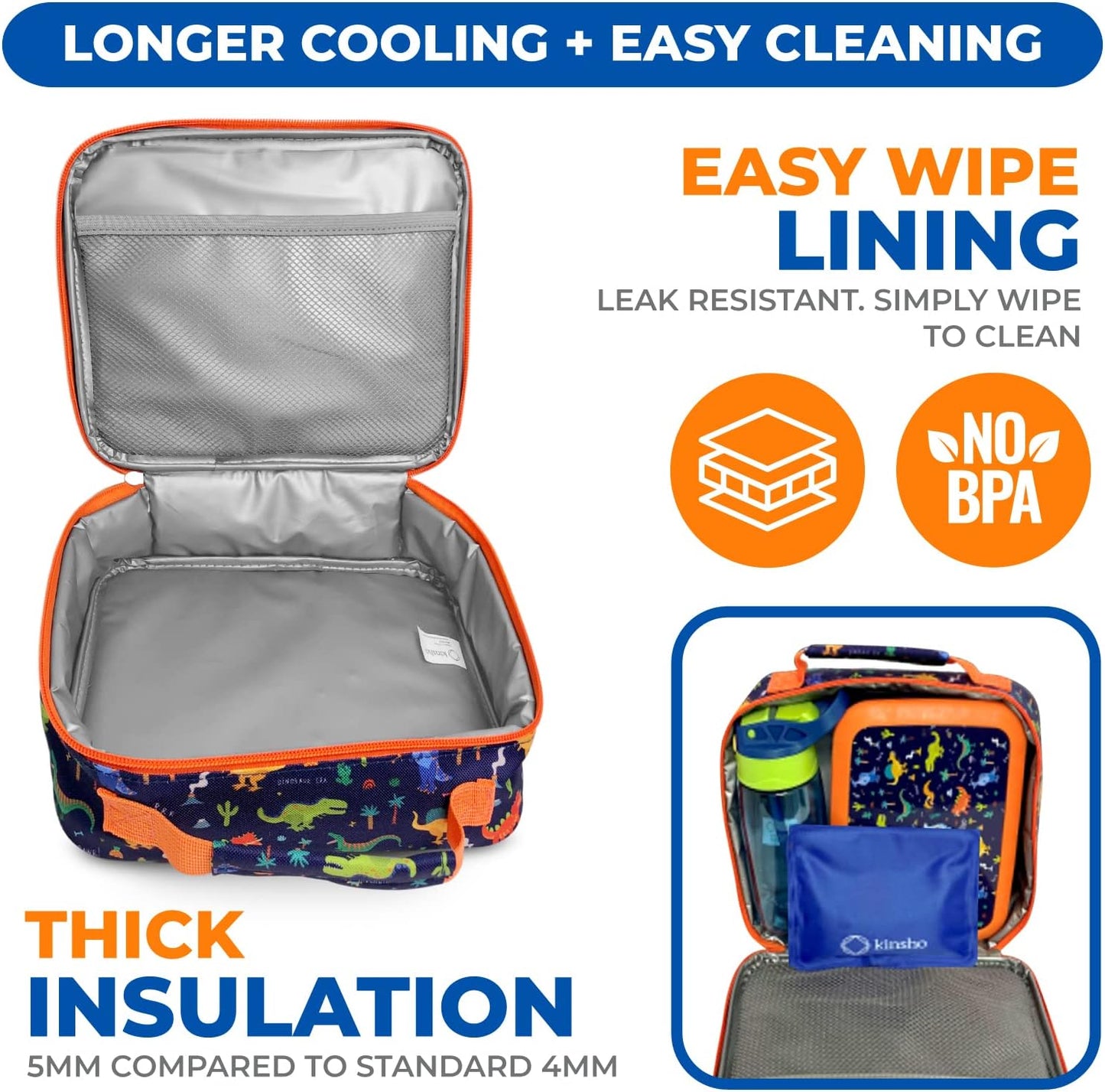 Dinosaur Lunch Box for Boys with Ice Pack, Insulated Bag for Toddlers Kids, BPA Free, Blue Orange Dino