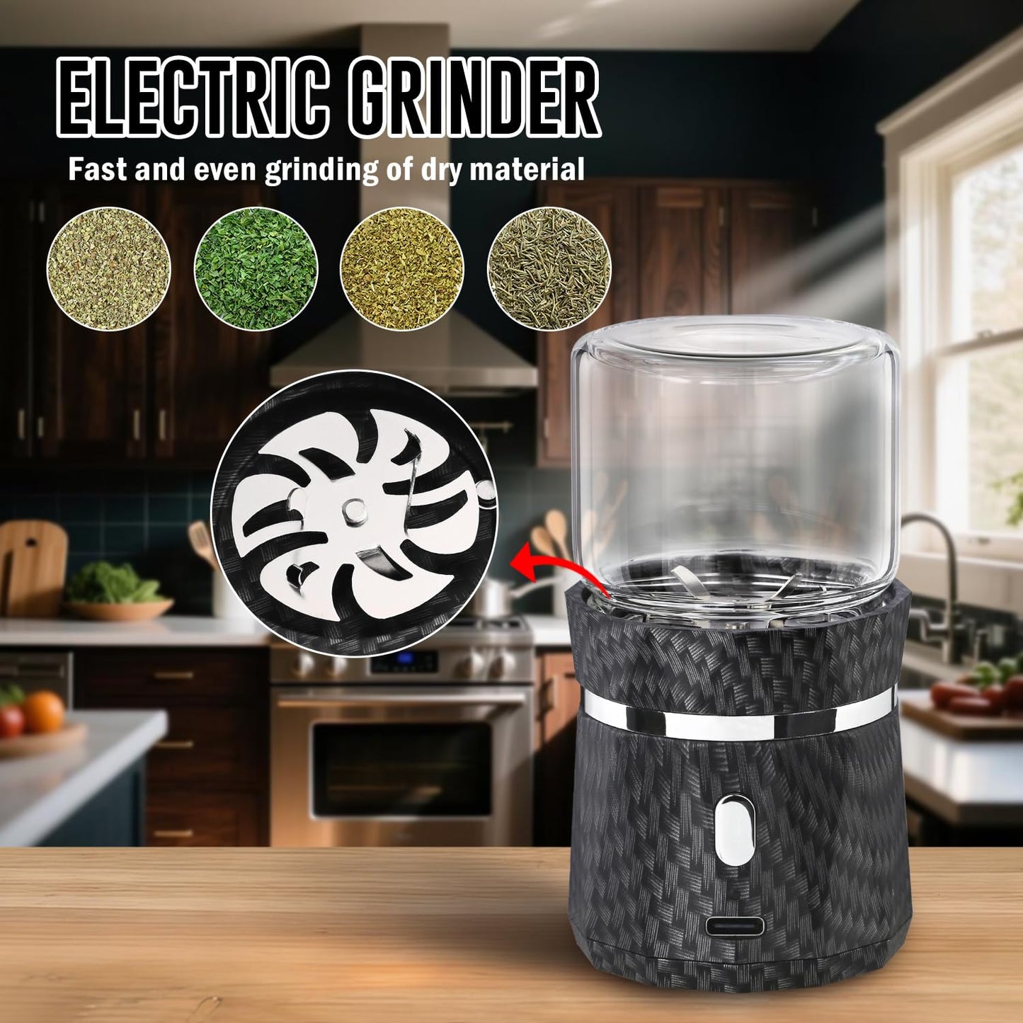 Unique Electric Herb Grinder, Small Spice Grinder Electric herb Grinders Mini Size 2x3.5inches with 2pcs 1.7oz/50ml Glass Jar Herb Jar Portable Grinders Rechargeable Automatic herb Grinder