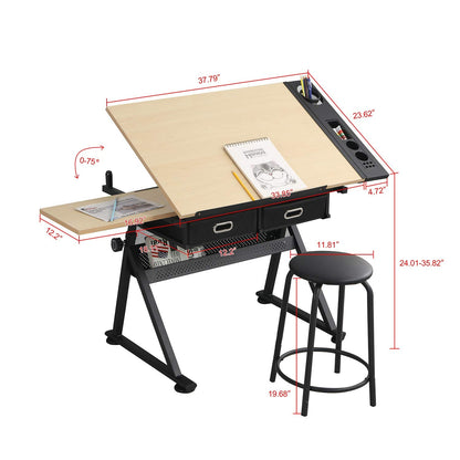 4everwinner Height Adjustable Drafting Desk Drawing Table Tiltable Tabletop with Stool and 2 Storage Drawer for Reading, Folding Draft Table Painting Writing Art Craft Desk Work Station (Wood)