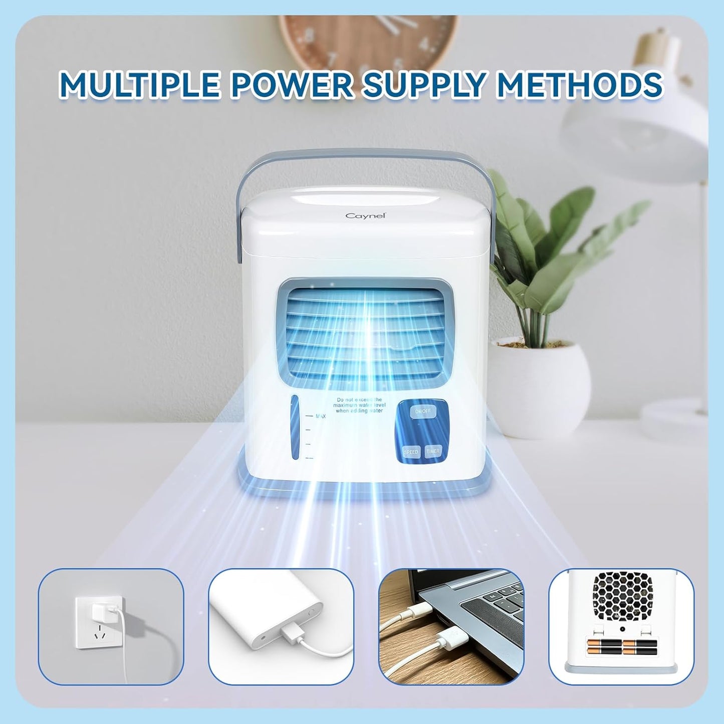 CAYNEL Portable Air Conditioner | 2 Speeds, 5W USB | Water Tank, 1~12h Timer | Adjustable Air Outlet for Desktop &