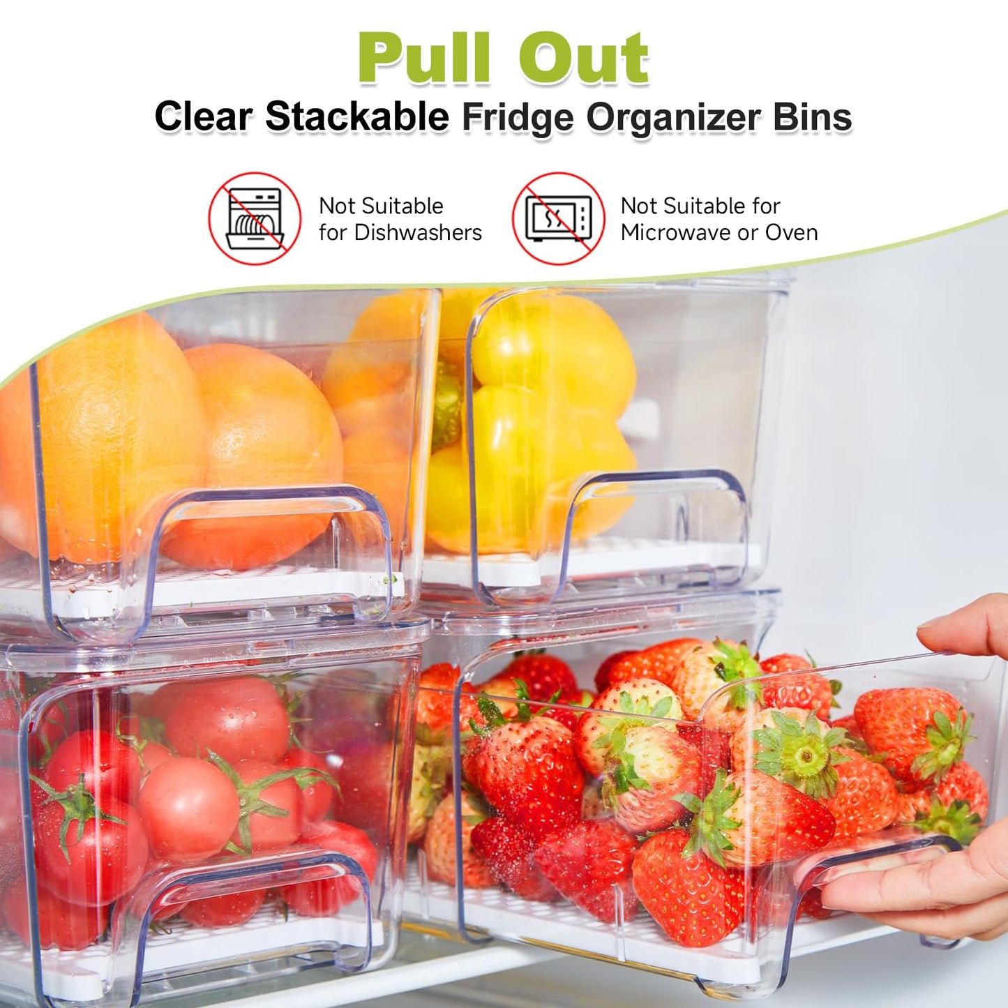 Brippo 4-Pack Refrigerator Drawer Organizer Bins, Clear Stackable Pull Out Fridge Organizers and Storage Container, with Strainer Layer for Fruits, Vegetables, Drinks, Snack and Food