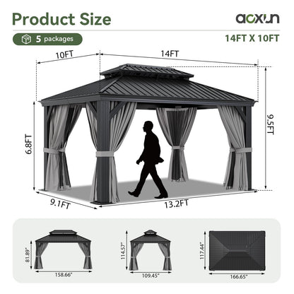 Aoxun 10' X 14' Hardtop Gazebo with Drainage System, Aluminum Outdoor Gazebo with Galvanized Steel Double Roof, Patio Permanent Metal Pavilion with Netting, for Garden, Deck, Pool, Grey