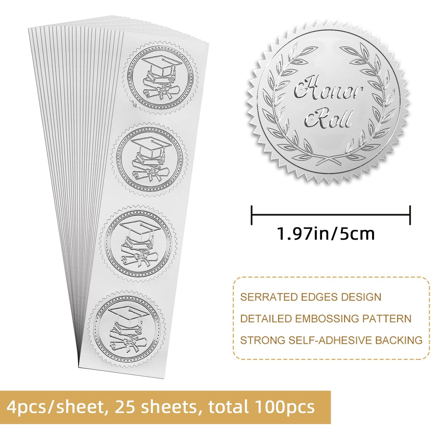 CRASPIRE 2" Honor Roll Silver Foil Sticker Olive Leaf Wreath 100pcs Certificate Seals Embossed Round Silver Seal Stickers Label for Envelopes Invitation Card Diplomas Wedding Awards Graduation Trophy