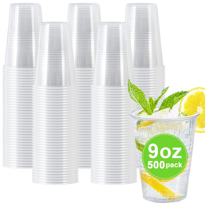 Clawsoff 500 Pack 9 oz Plastic Cups, Disposable Drinking Cups, Water Cups Plastic Clear Cups for Party, Wedding, Graduation, Travel, Holiday, Events, Birthday,Cold,Hot