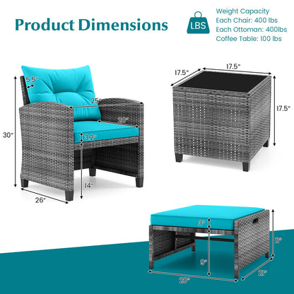 Tangkula 5 Pieces Patio Conversation Set, PE Wicker Rattan Outdoor Furniture Set with 2 Chairs, 2 Ottomans & Tempered Glass Coffee Table, Ideal for Poolside, Backyard, Lawn, Deck, Mix Grey & Turquoise