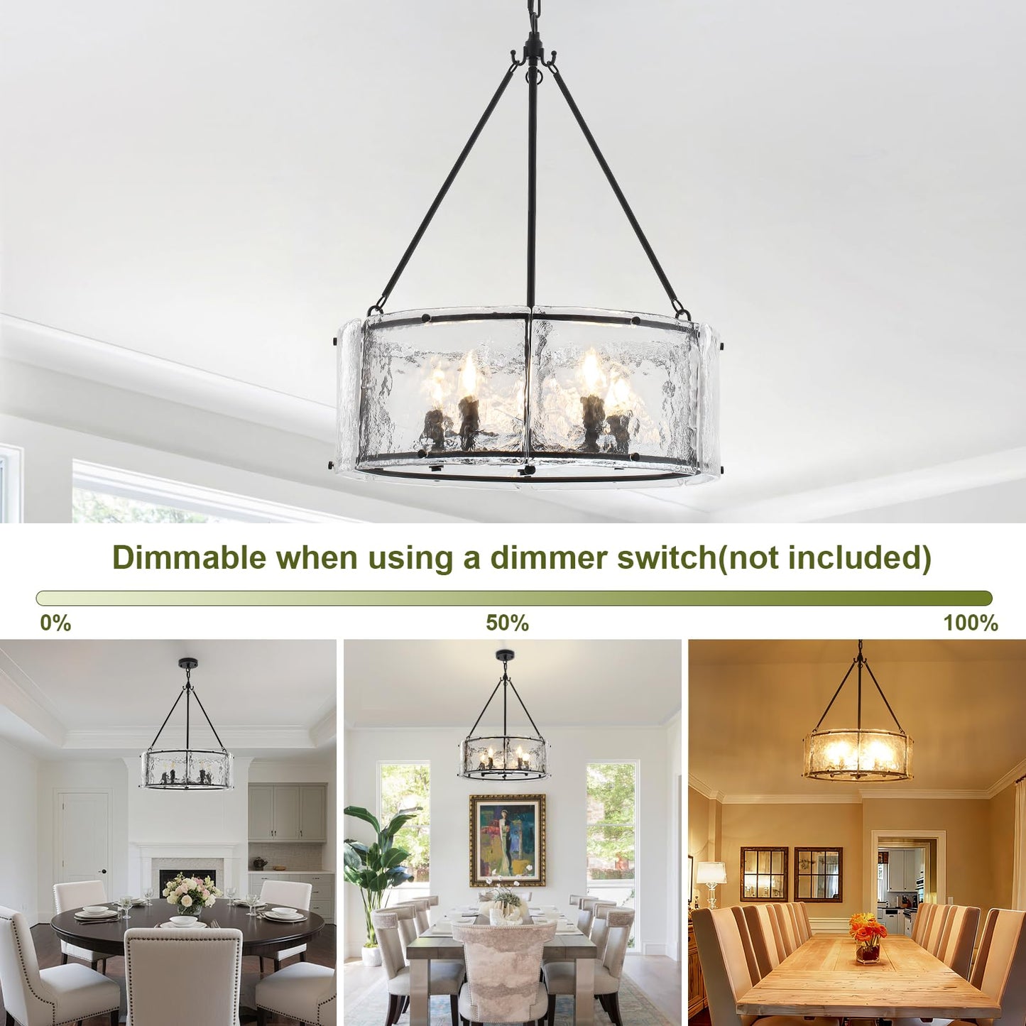 Enjoy the lights 5-Light Dining Room Light Fixture, Black Modern Drum Chandelier with Textured Glass Shade, Adjustable Farmhouse Chandelier for Foyer, Entryway, Kitchen Island, Living Room