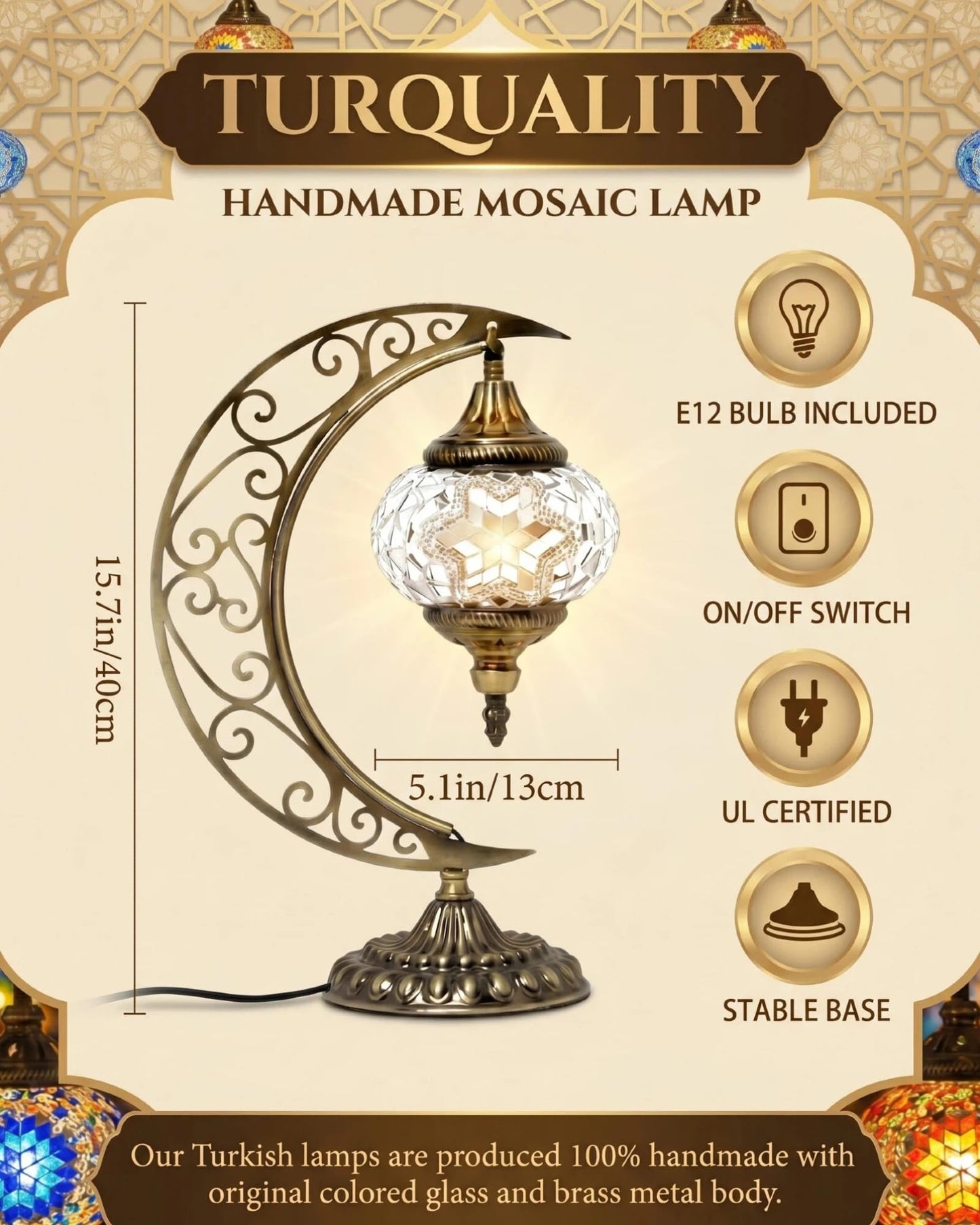 Baquler Turkish Mosaic Moon Lamp - Handmade Stained Glass Table Lamp with Metal Crescent Base, Bohemian Moroccan Bedside Night Light for Bedroom Living Room Decor, Unique Gift(Classic Style)