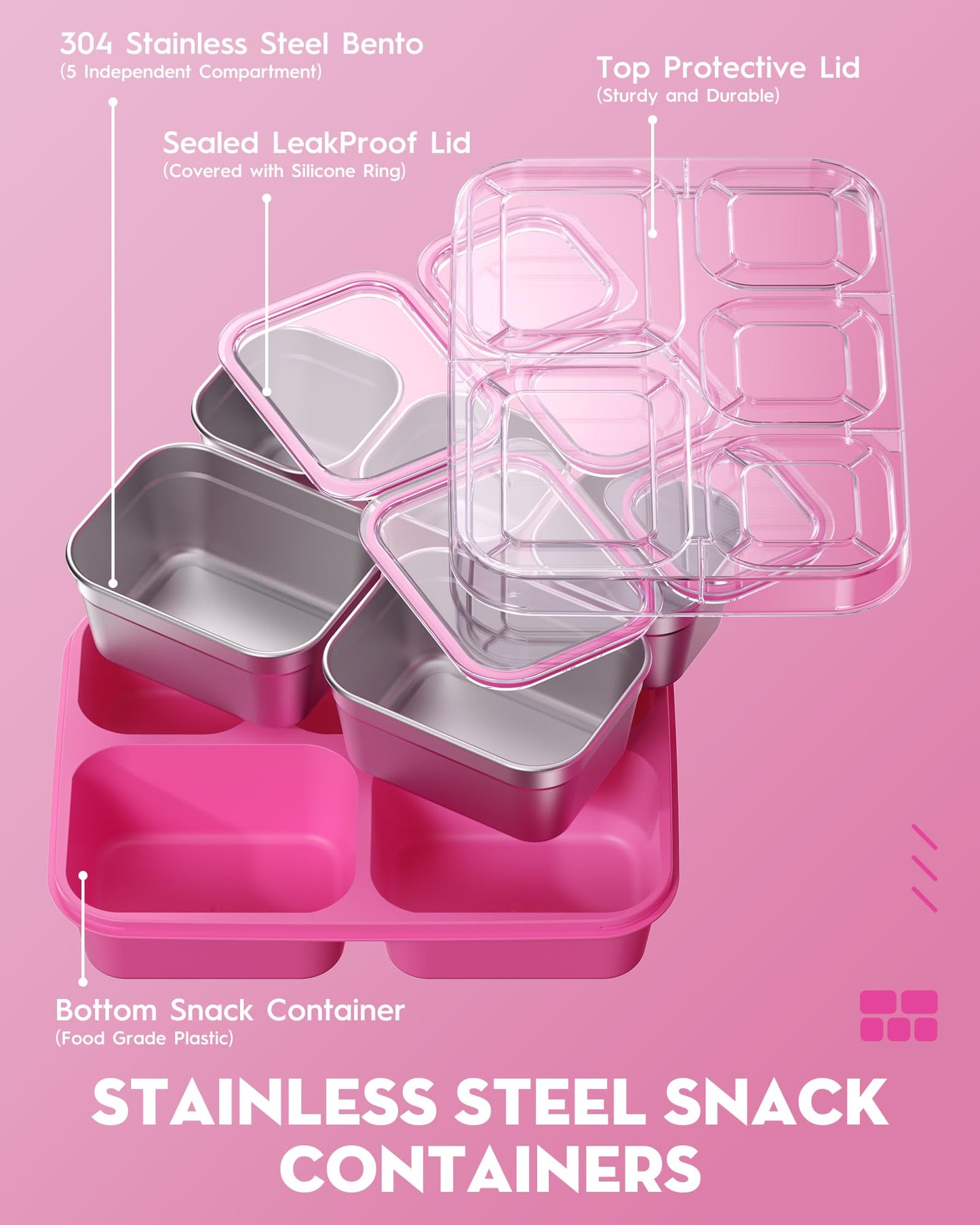 BiuLeon Snackle Box Containers, Stainless Steel 5 Compartments Divided Serving Tray with Lid, Removable LeakProof Portable Bento Box for Fruit Candy Nuts Food - School, Picnic and Travel（Pink）