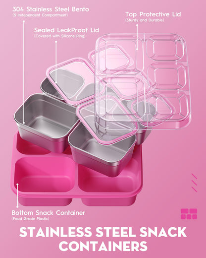BiuLeon Snackle Box Containers, Stainless Steel 5 Compartments Divided Serving Tray with Lid, Removable LeakProof Portable Bento Box for Fruit Candy Nuts Food - School, Picnic and Travel（Pink）