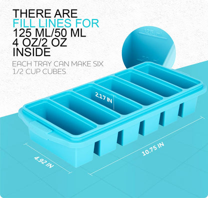 1/2 Cup Silicone Freezer Tray With Lid - Silicone Freezer Molds 2-Pack For meal prep & freezing of various sauces and other dishes, makes 12 perfect 1/2 cup portions cubes,oven and dishwasher safe