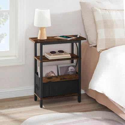 Narrow Side Table with Charging Station - 3 Tier Small End Table for Small Spaces, Rustic Brown