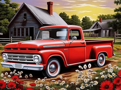 PUAGEMTI 5D Red Vintage Truck Flower Diamond Painting Kits, Spring Flower Car Diamond Painting, Full Round Diamond Art Kits for Adults Diamond Dots Piant by Numbers Kits 12x16 inch