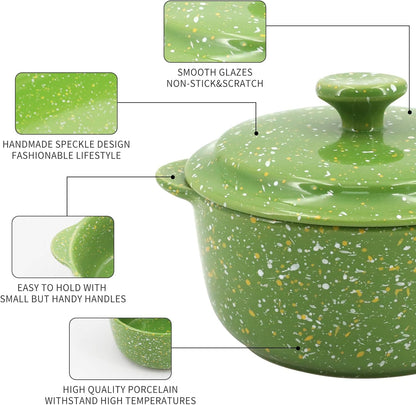 Skiennix Mini Ceramic Casserole Dishes - Oven-Safe 10 Oz Ramekins with Lids & Handles | Green 4-Pack