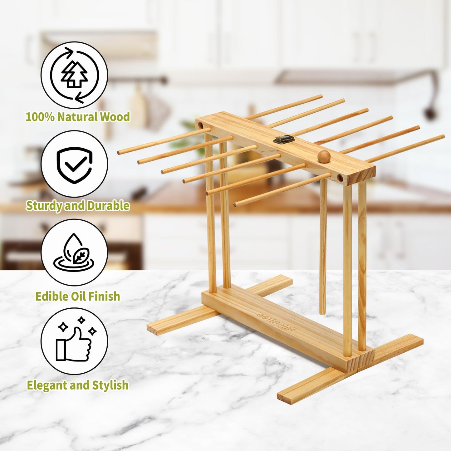 Talentree Collapsible Pasta Drying Rack, Wood Pasta Dryer Hanger Rack, Spaghetti Noodle Drying Hanging Rack Stand with 12 Bars and Transfer Wand, Foldable for Easy Storage