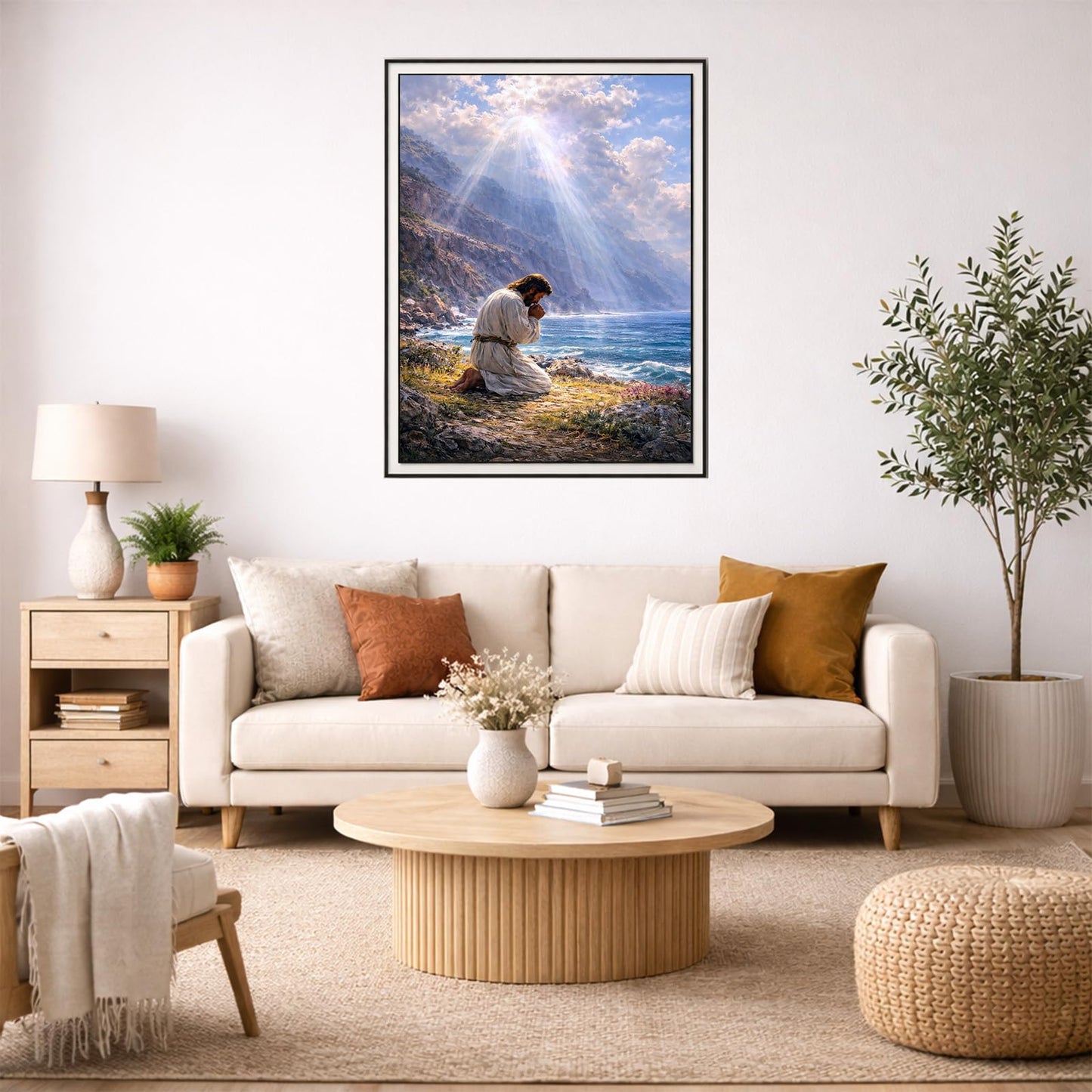 IOHEFY Jesus Prayer by The Sea 5D Diamond Painting Kits for Adults Beginners 12x16 Inch Full Drill Diamond Art Religious Christian Seascape Rhinestone Acrylic Canvas Wall Decor Gift Easter Christmas