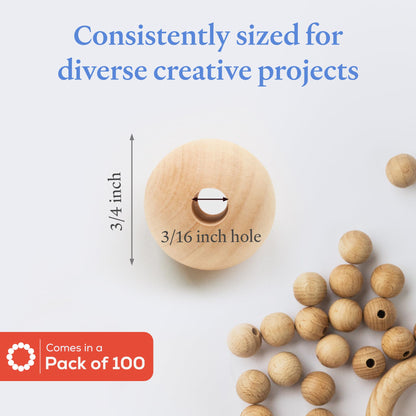 Large Wooden Beads for Crafts - Pack of 100 19mm 3/4 x 3/16 Inch Hole Large Wood Beads for Crafts withHoles for DIY | Round Wooden Balls for Crafts | Wood Beads for Jewelry Making | Woodpeckers