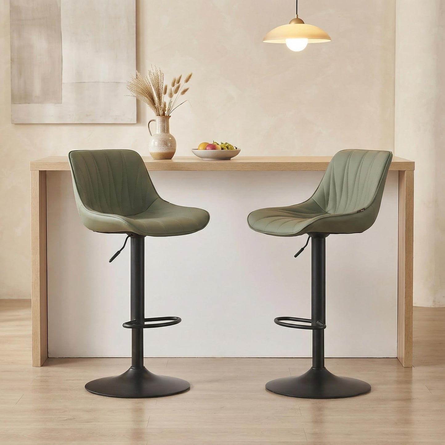 YOUNIKE Bar Stools Set of 2, Faux Leather Padded Bar Stool Counter Height Swivel Bar Chairs, Adjustable Barstools with Back for Kitchen Island, Modern Tall Bar Stools, Olive Green