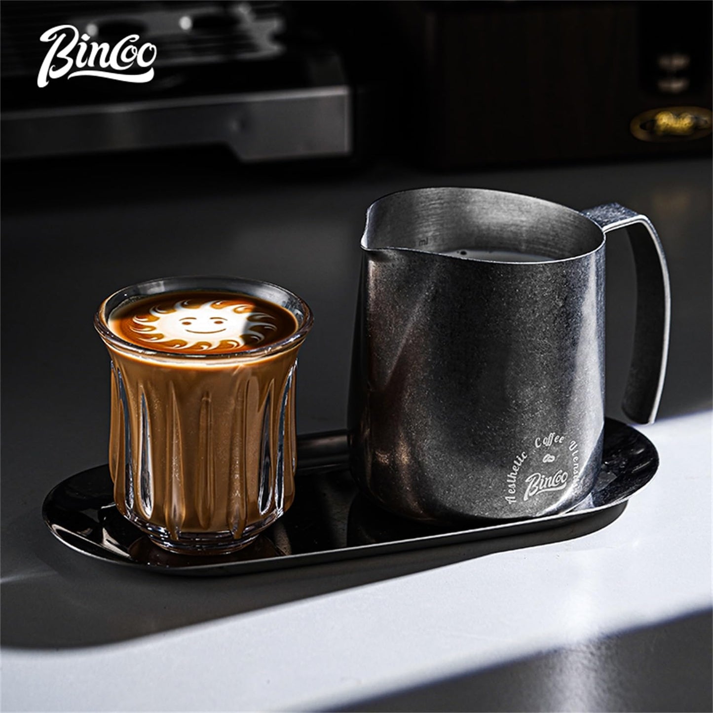 Bincoo Milk Frother Pitcher 500ml(17oz) - Stainless Steel Barista Milk Frothing Cup with Ice Crystals Design - Professional Espresso & Cappuccino for Coffee Machine,Latte Art