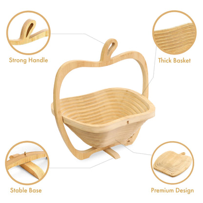 RoyalHouse Bamboo Foldable Fruit Bowl Apple Shape,12“x10.5"- Collapsible, Fruit & Vegetable Storage For Kitchen Countertop, Bamboo Fruit Basket, Tabletop Fruit Serving Bowl