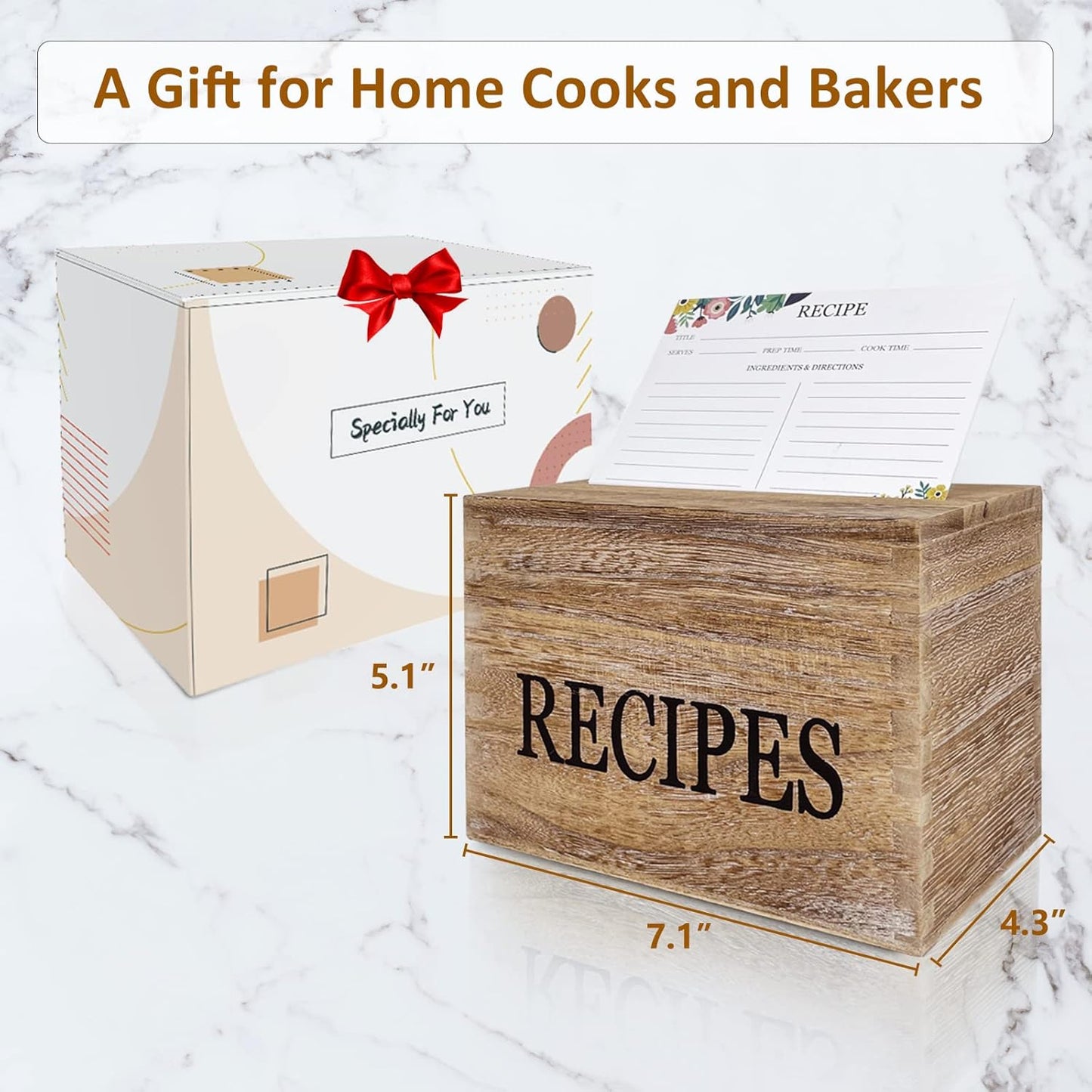 Recipe Box with 50 Recipe Cards 4x6, Rustic Wood Organizer Set for Housewarming and Weddings