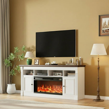 GAOMON 68 Inch Fireplace TV Stand for TVs Up to 75", Entertainment Center with 36'' Corded Electric Fireplace, Remote Controlled Realistic 3D Flame, Console Table with Storage Shelves, White+Brown