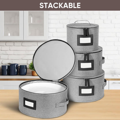 BALEINE China Storage Containers, Sturdy Quilted Wine Glass Storage, Plate Organizer with Carry Handles, Moving Boxes for Dishes, Cups, Mugs and Stemware (Plate, Hard Shell Grey)