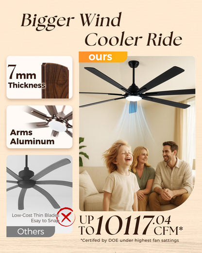 ECOiTEL 84 Inch Smart Ceiling Fan with Alexa APP,Large Black Ceiling Fan with Light,6 Speed,3CCT,Dual Finish 7 Blades,Quiet DC Motor Outdoor Fan for Patio,Big Living Room