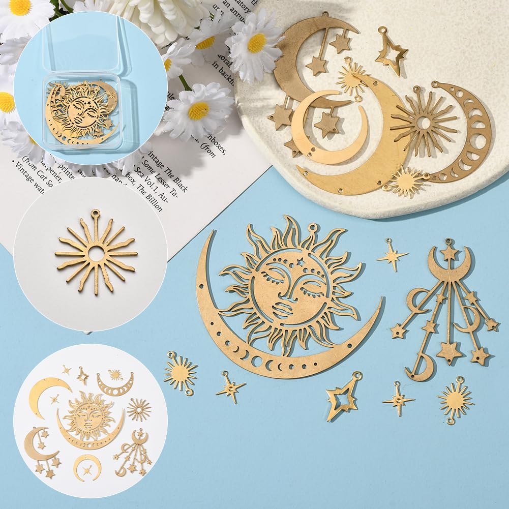 SUNNYCLUE 1 Box 19Pcs 10 Styles Filigree Star Charms Flat Connector Link Charms Brass Gold Hollow Sun Moon Retro Vintage Joiners Links Pendants Findings for Jewelry Making Necklace Bracelet DIY Craft