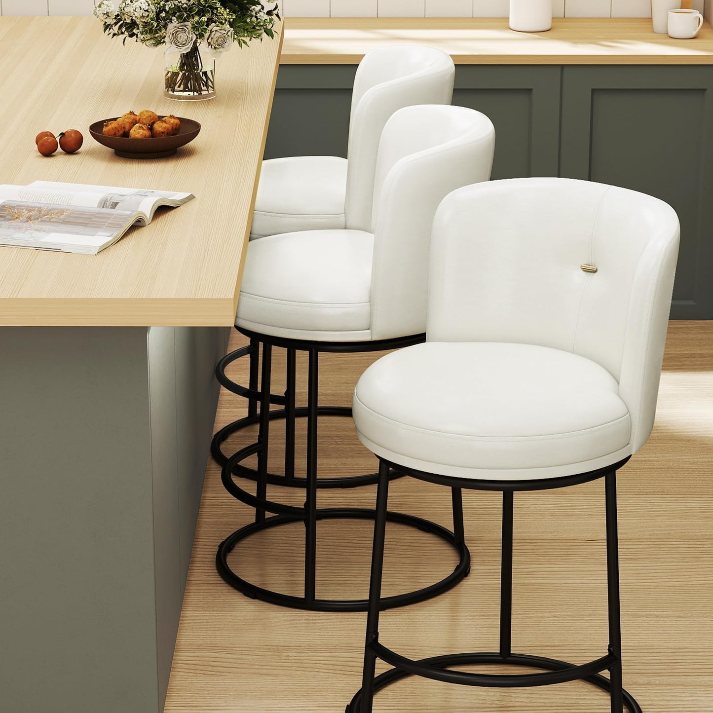 SAECKBERG Swivel Counter Height Bar Stools Set of 4, 26" H Modern Bar Stools for Kitchen Island Counter, Upholstered Barstools with Backs, Counter Height Chairs （White, Faux Leather）